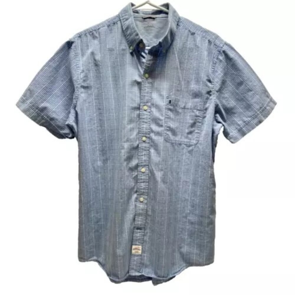 IZOD Saltwater Men's Large Button Up Short Sleeve Blue White Classic Check GUC